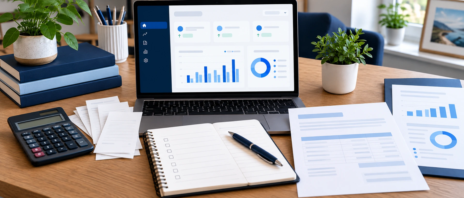 A home-office desk with accounting software on a laptop, a stack of receipts, a calculator, a notebook checklist and printed reports.