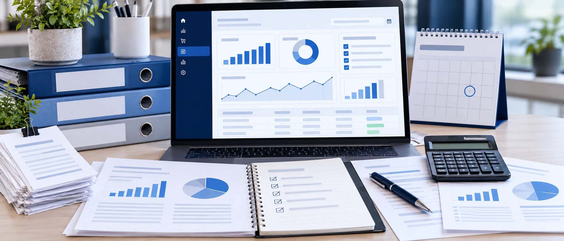 Accounting software on a laptop surrounded by ring binders, printed financial reports, a calculator, a checklist and a desk calendar.