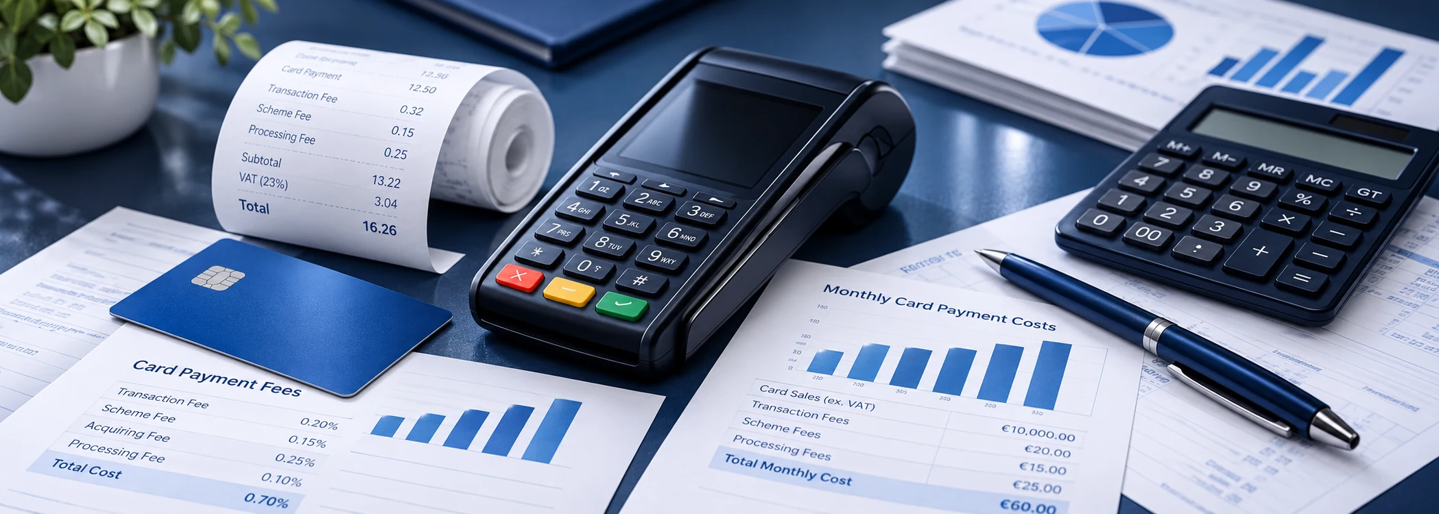A card terminal, calculator, printed receipt and card payment fee statements on a desk.