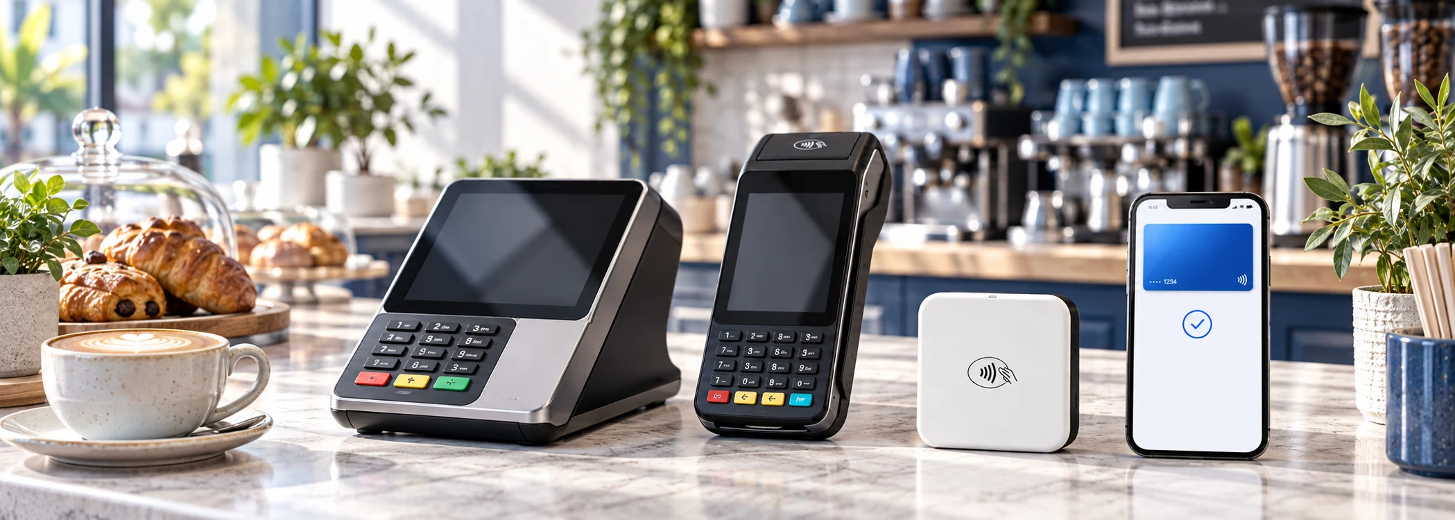 A countertop card terminal, a portable terminal, a contactless reader and a phone payment on a café counter.