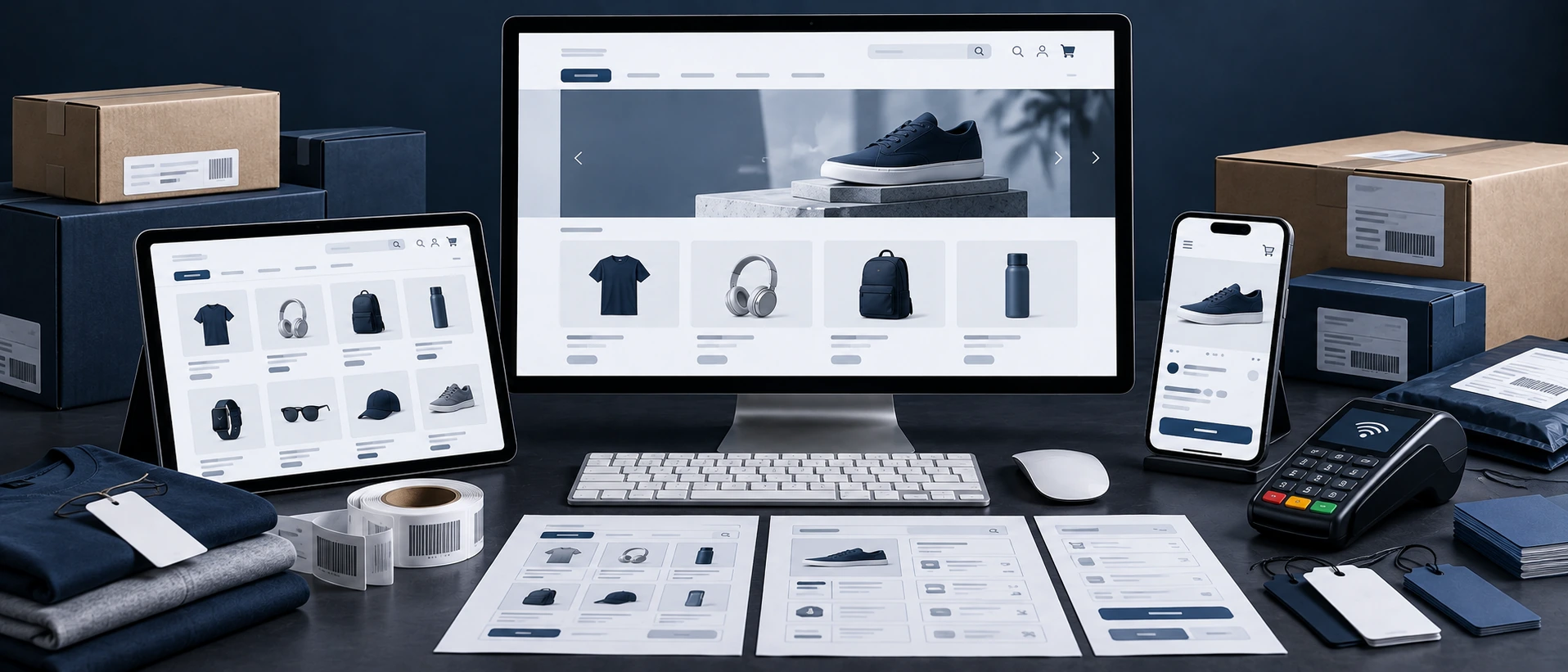 An online shop shown on a monitor, tablet and phone, surrounded by parcels, a card terminal, folded clothing, price tags and printed product-page layouts.