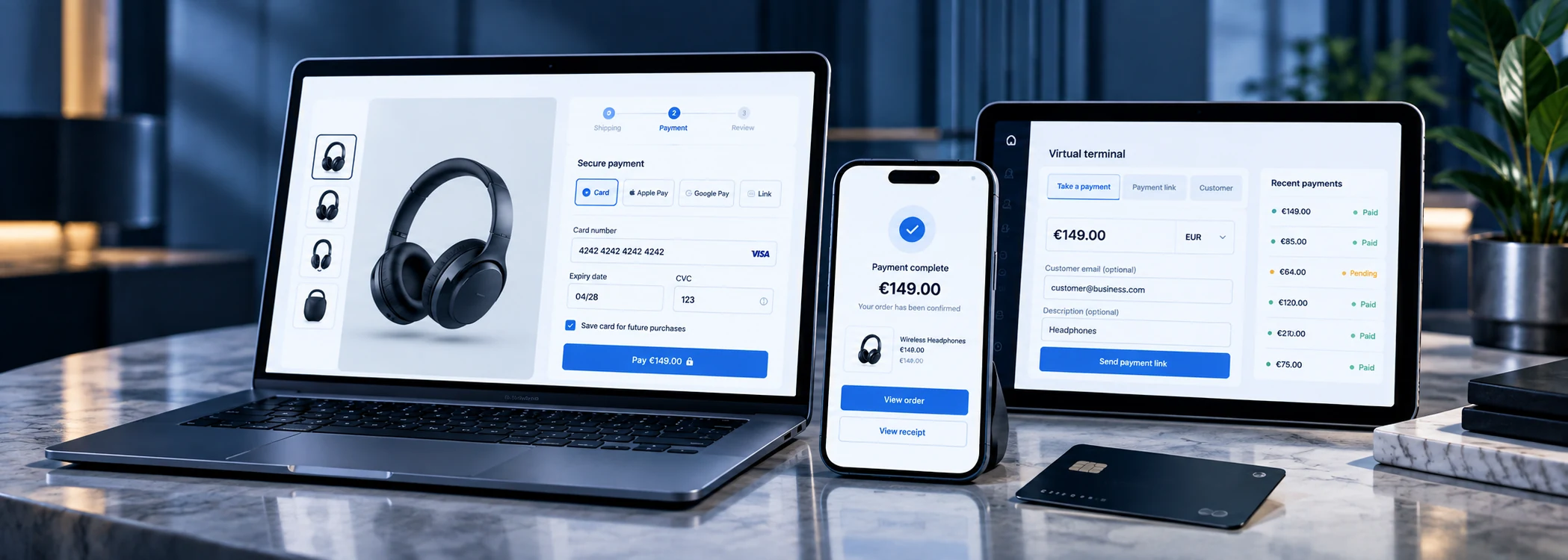 An online checkout on a laptop, a payment confirmation on a phone and a virtual terminal on a tablet.