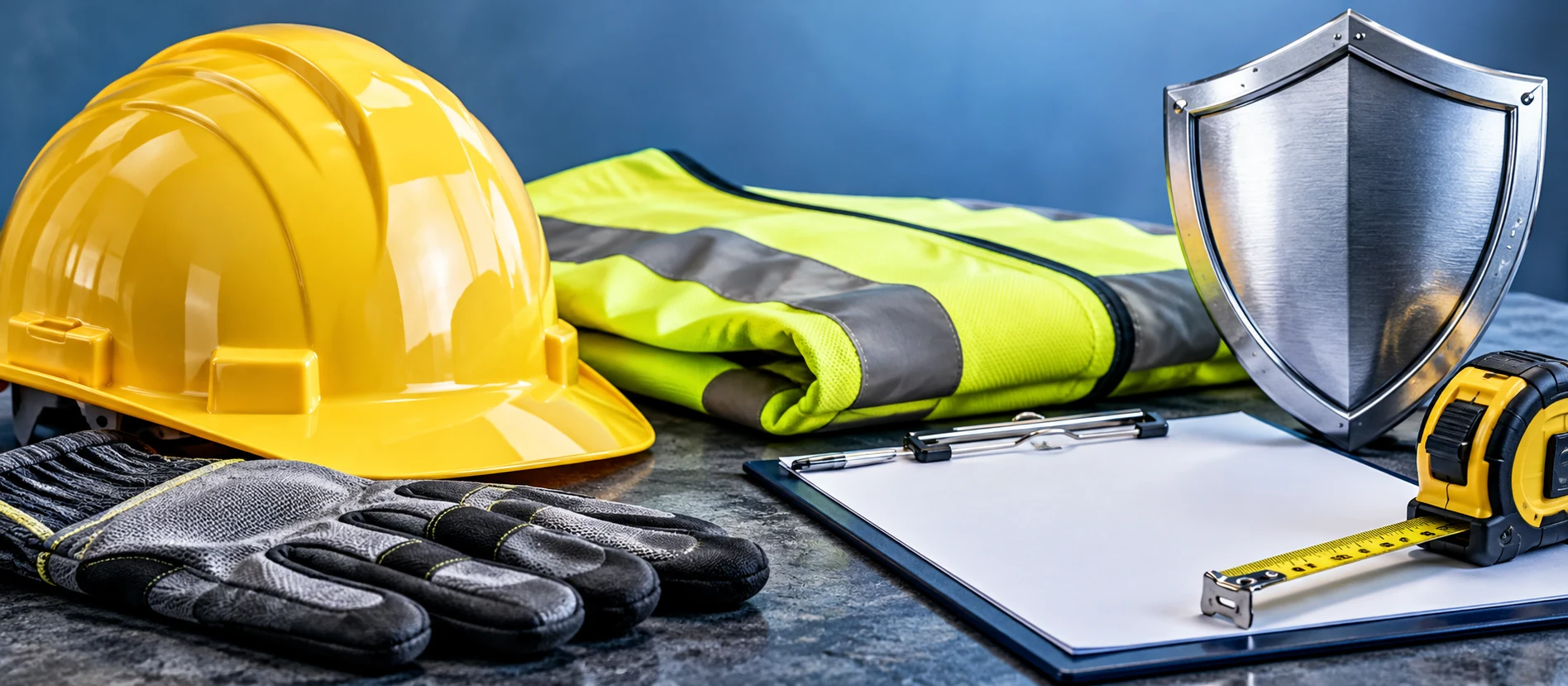 A yellow hard hat, work gloves, a folded high-visibility vest, a metal shield, a clipboard and a tape measure on a work surface.