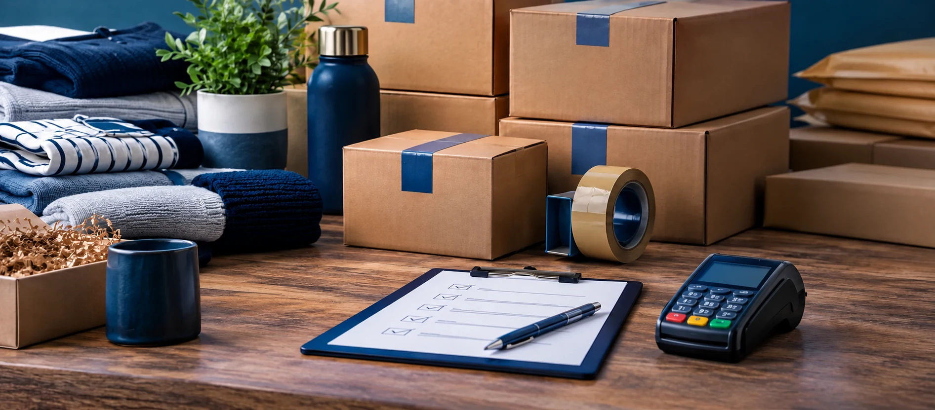 Shipping boxes, folded clothing, a card terminal and a checklist on a clipboard on a small business counter.